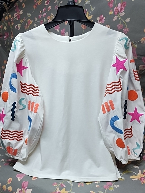 THML Tops - THML White Long Sleeve Tee with Multicolor Embroidered Puff Sleeves